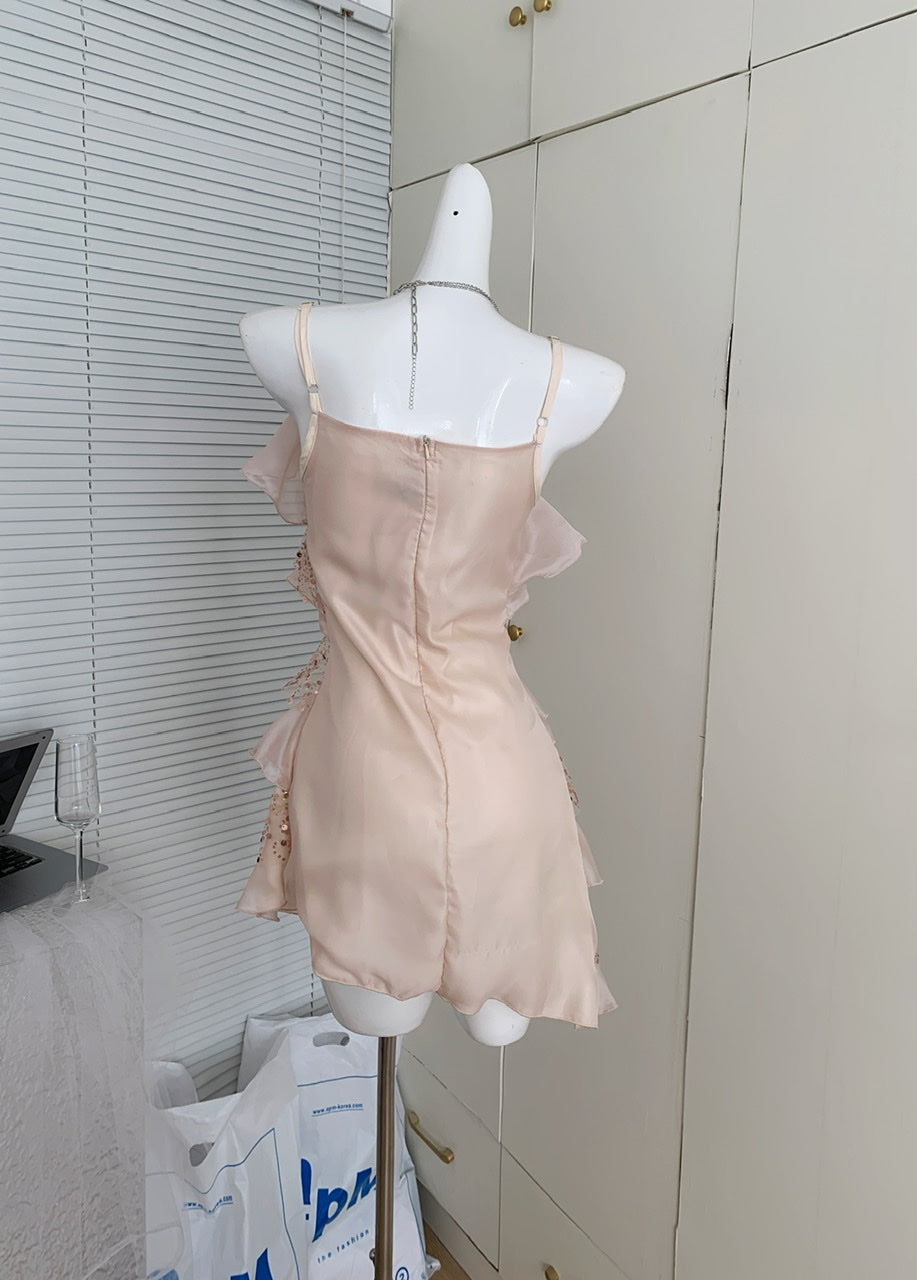 Robe trapèze décontractée à bretelles spaghetti et paillettes roses, tenue d'été courte et décontractée, DP1398