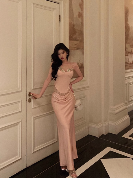Elegant Mermaid 2 Pieces Pink Satin Sleeveless 21st Birthday Dresses Evening Gown Birthday Outfits Birthday Dress Ideas For Women DP1442