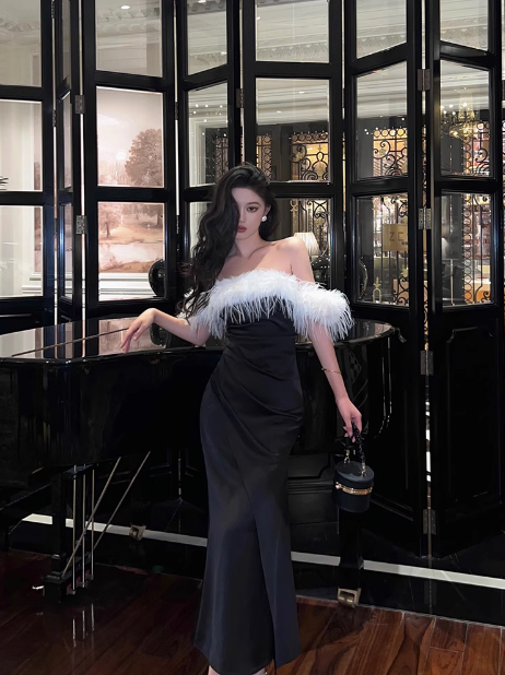 Robe sirène élégante en satin noir à épaules dénudées pour 21e anniversaire, tenue de soirée, idées de robes d'anniversaire pour femmes, DP1448