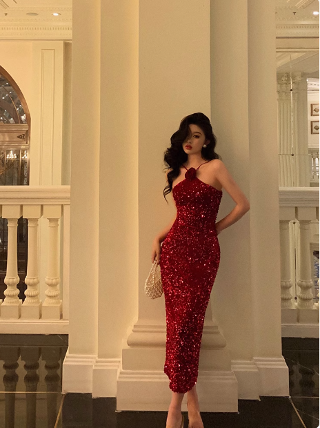Sexy Mermaid Red Halter Sequin 21st Birthday Dress Party Gown Birthday