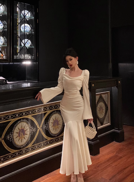 Robe sirène modeste à manches longues en satin blanc pour 21e anniversaire, tenue de fête, idées de robes d'anniversaire pour femmes, DP1472