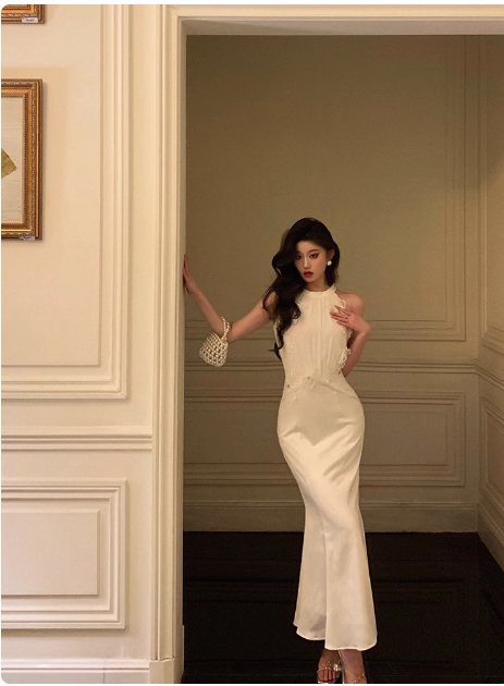 Robe sirène modeste en satin blanc à col haut pour 21e anniversaire, tenue de fête, idées de robes d'anniversaire pour femmes, DP1482