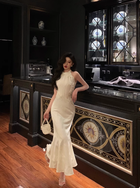 Robe sirène modeste en satin blanc à col haut pour 21e anniversaire, tenue de fête, idées de robes d'anniversaire pour femmes, DP1482