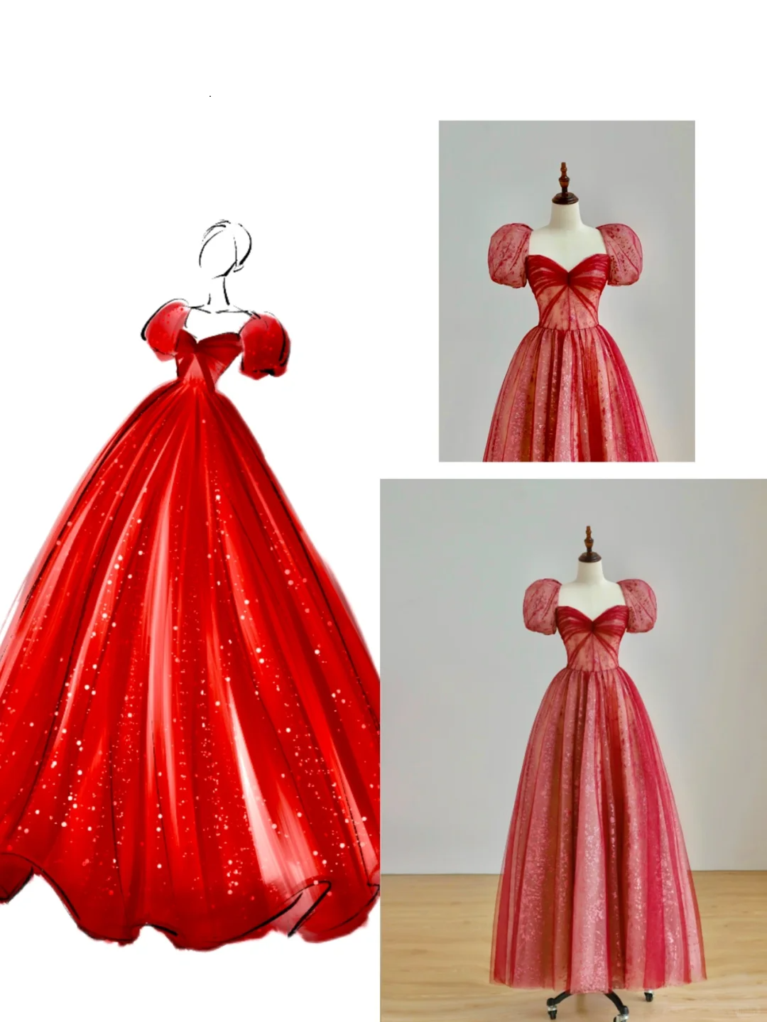 Elegant Glamour Ball Gown Sweetheart Short Sleeves Tulle Red Prom Dress Party Dress Evening Dresses DP1504
