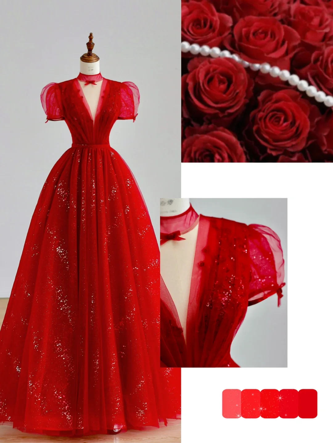 Robe de bal élégante et glamour, décolleté en V, manches courtes, en tulle rouge, robe de soirée longue, DP1521