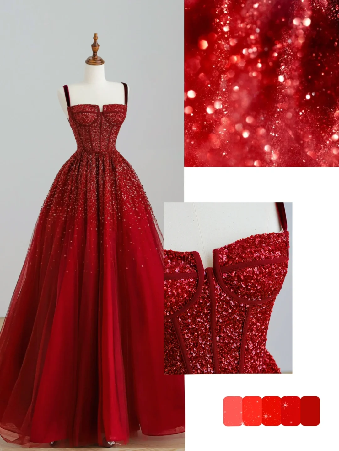 Robe de soirée longue rouge élégante et glamour, coupe trapèze, bretelles spaghetti, en tulle, DP1522
