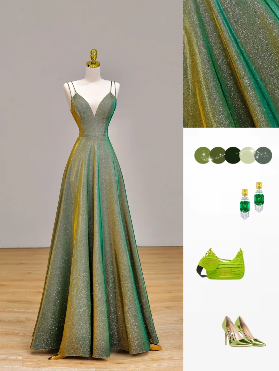 Robe de bal élégante et glamour, bretelles spaghetti, paillettes, verte, longue, robe de soirée, DP1542