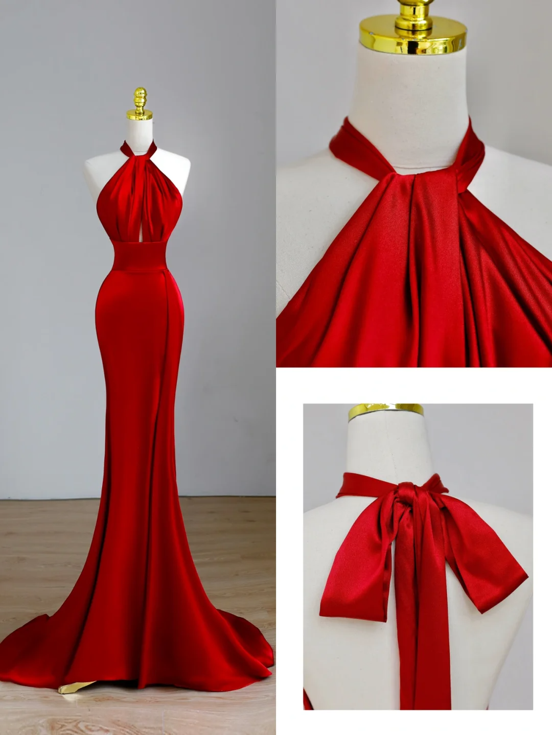 Elegant Glamour Mermaid Halter Red Satin Prom Dress Party Dress Long Evening Dresses DP1546