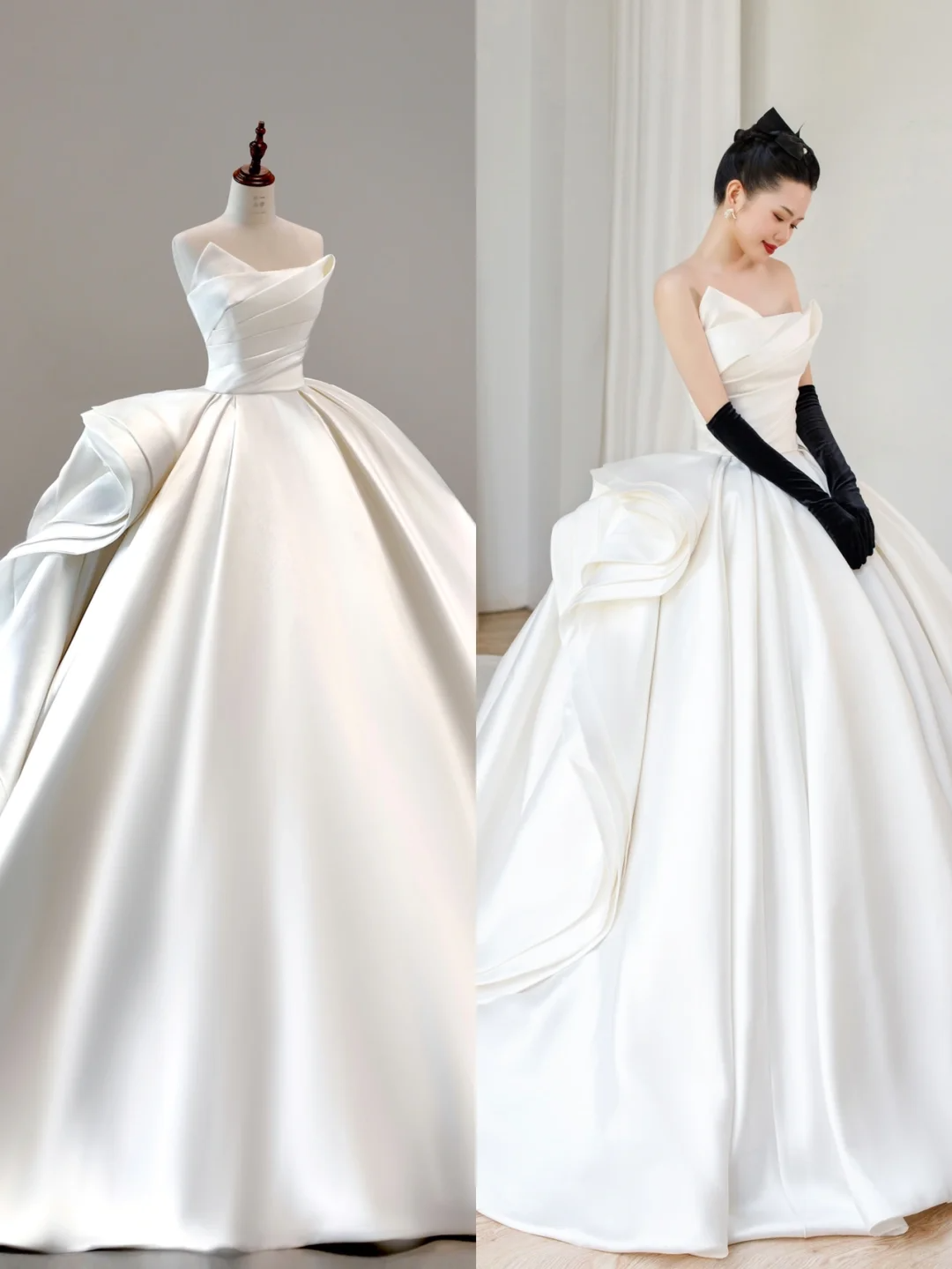 Robe de mariée classique, robe de bal, bustier, satin blanc, robes de mariée minimalistes, DP1552