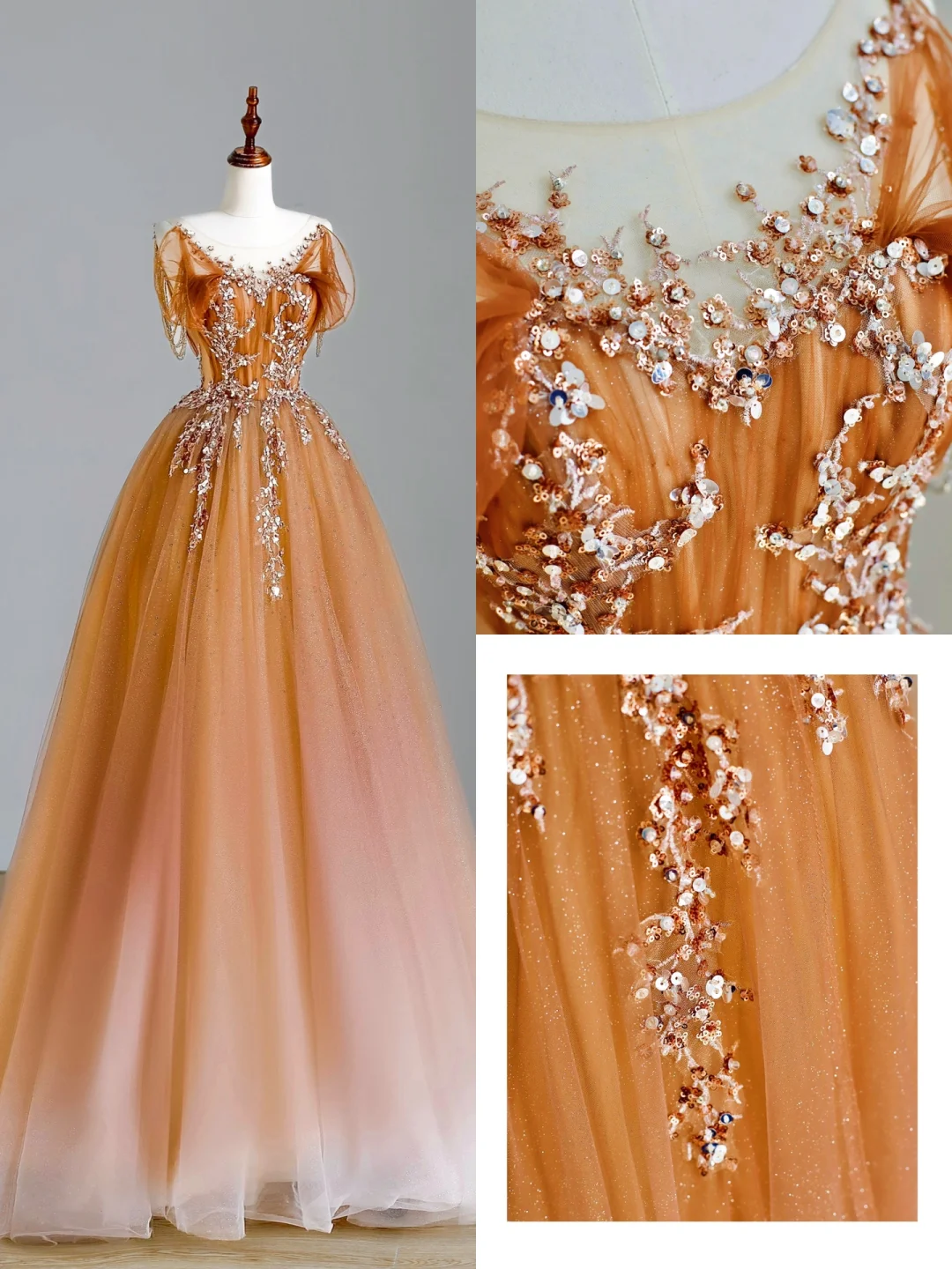 Elegant Glamour Ball Gown Scoop Orange Tulle Long Prom Dresses Party Dress Evening Dress DP1557