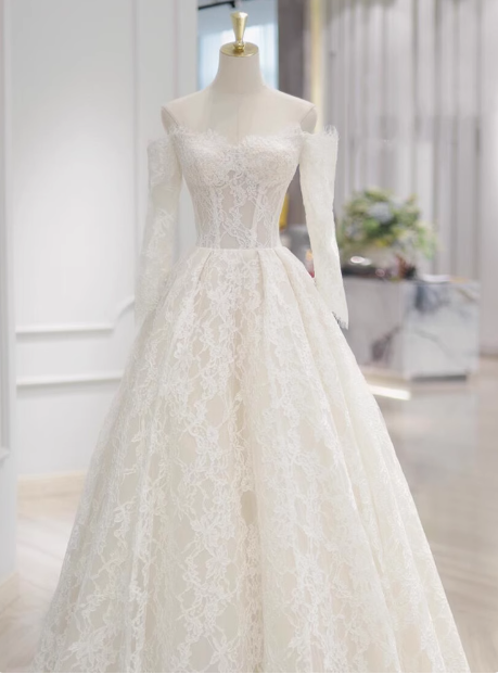 Robe de mariée classique, robe de bal, épaules dénudées, manches longues, dentelle, blanche, robes de mariée minimalistes, DP1647