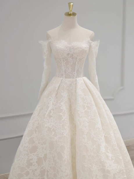 Robe de mariée classique, robe de bal, épaules dénudées, manches longues, dentelle, blanche, robes de mariée minimalistes, DP1647