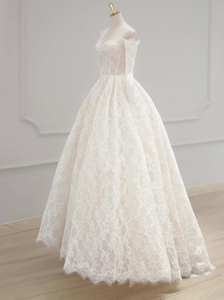 Robe de mariée classique, robe de bal, épaules dénudées, manches longues, dentelle, blanche, robes de mariée minimalistes, DP1647