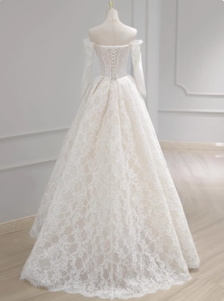 Robe de mariée classique, robe de bal, épaules dénudées, manches longues, dentelle, blanche, robes de mariée minimalistes, DP1647