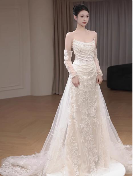 Robe de mariée classique fourreau bustier manches longues dentelle blanche robes de mariée minimalistes DP1648
