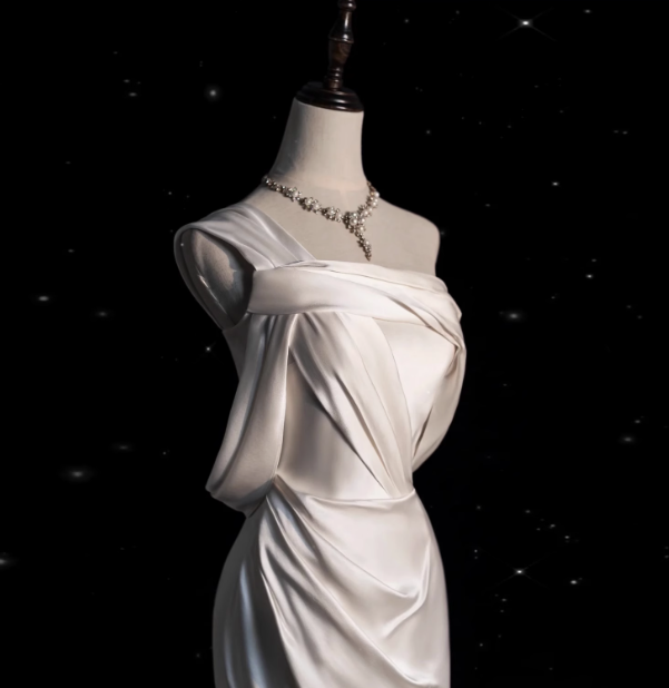 Robe de mariée classique sirène asymétrique en satin blanc, robe de mariée minimaliste DP1658