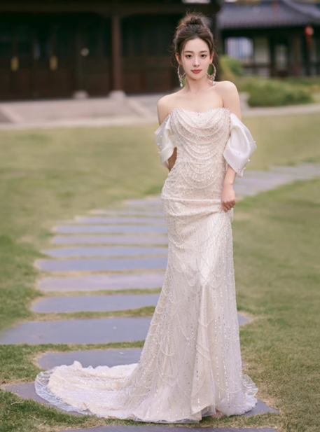 Robe de mariée classique sirène épaules dénudées paillettes robes de mariée blanches robes de mariée minimalistes DP1660