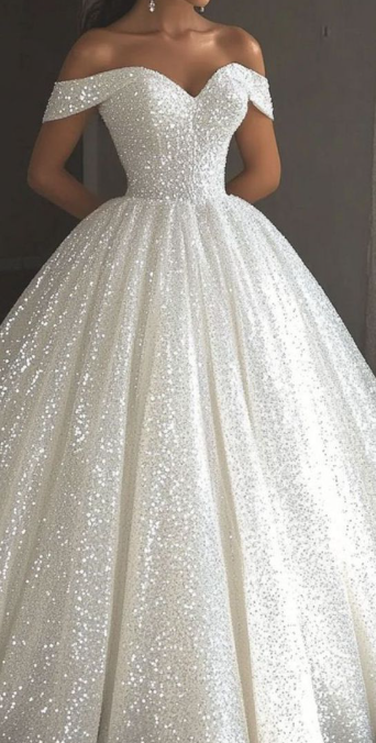 Ethereal Wedding Dress Ball Gown Off The Shoulder Sequin White Wedding Dresses Bridal Gowns DP1676