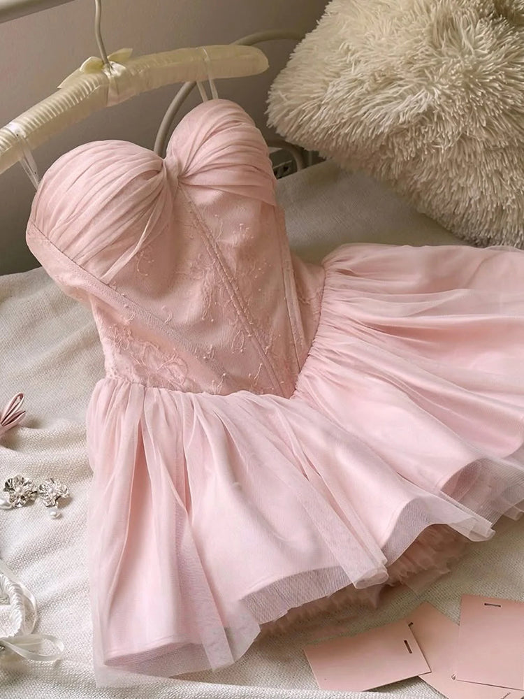 Cute Ball Gown Sweetheart Pink Lace Short Summer Homecoming Dress Hoco Dress Birthday Outfit 21st Birthday Mini Party Dresses DH415