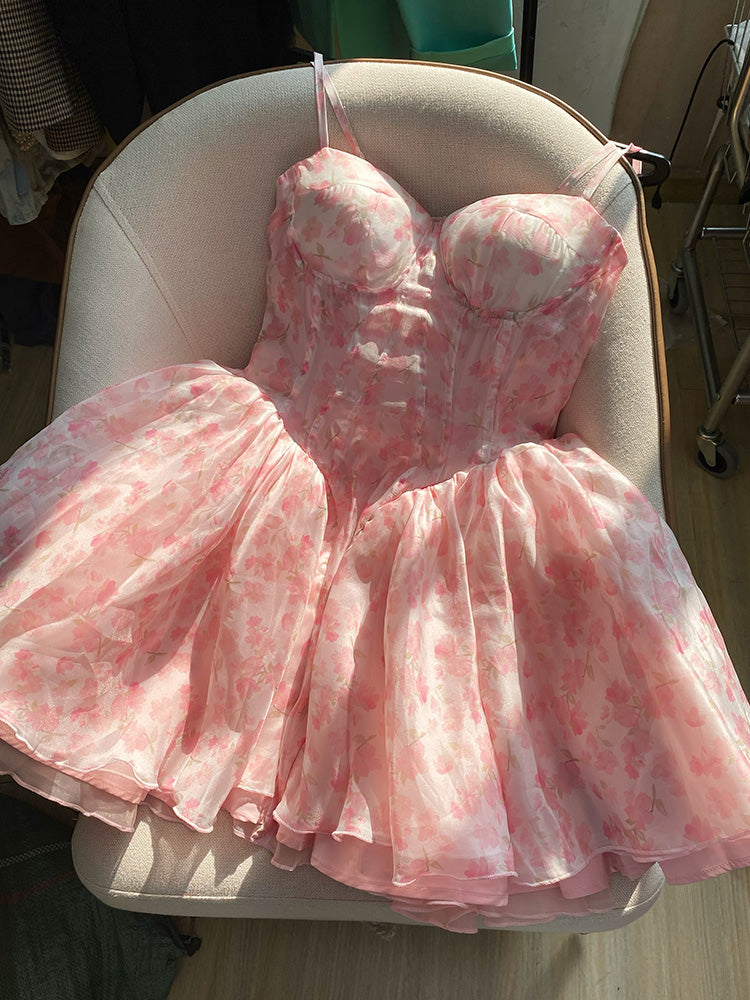 Cute Ball Gown Spaghetti Straps Floral Short Summer Birthday Dress Hoco Dress Mini Birthday Outfit 23rd Birthday Party Dresses DP1736
