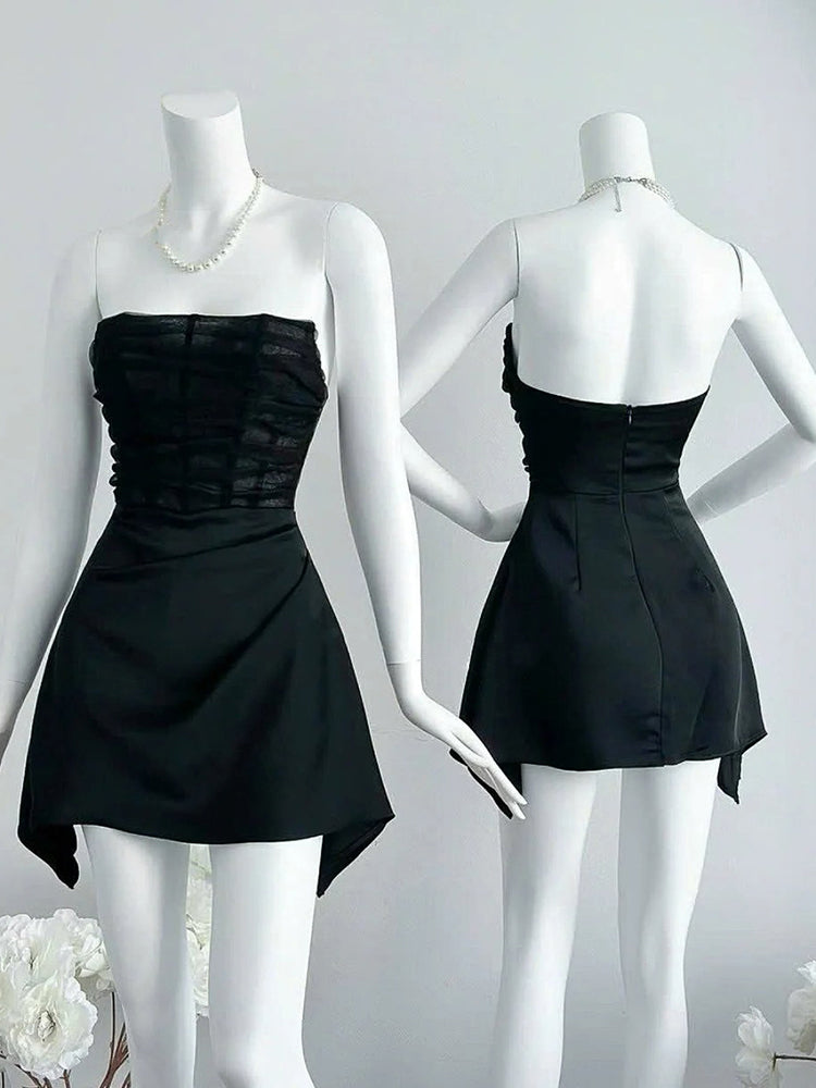 Simple A line Strapless Black Tulle Short Homecoming Dress Summer Hoco Dresses Cocktail Dress DP1755