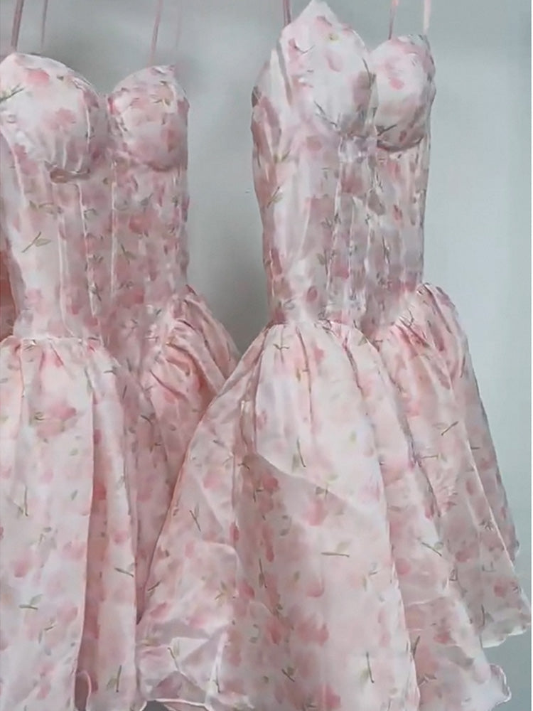 Simple A line Spaghetti Straps Pink Floral Chiffon Homecoming Dress Summer Hoco Dresses Cocktail Dress D1767