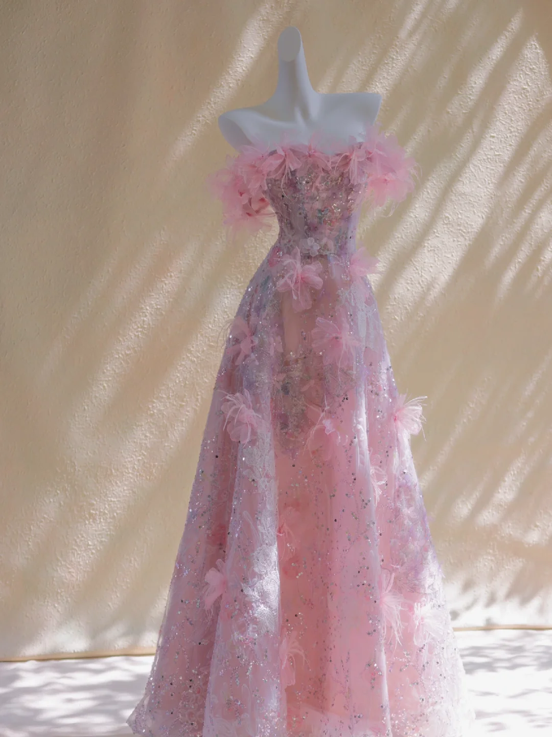 Gorgeous A line Off The Shoulder Pink Floral Sequin Beads Long Prom Dress Party Dress Graduation Dresses DP1869