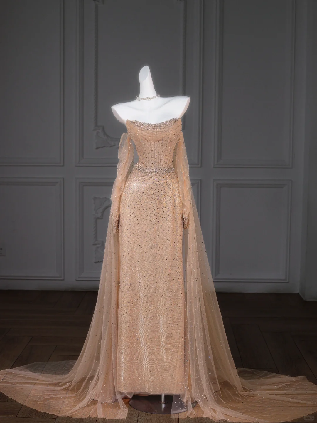 Gorgeous Mermaid Strapless Champagne Tulle Long Prom Dress Party Dress Graduation Dresses With Sleeves DP1956