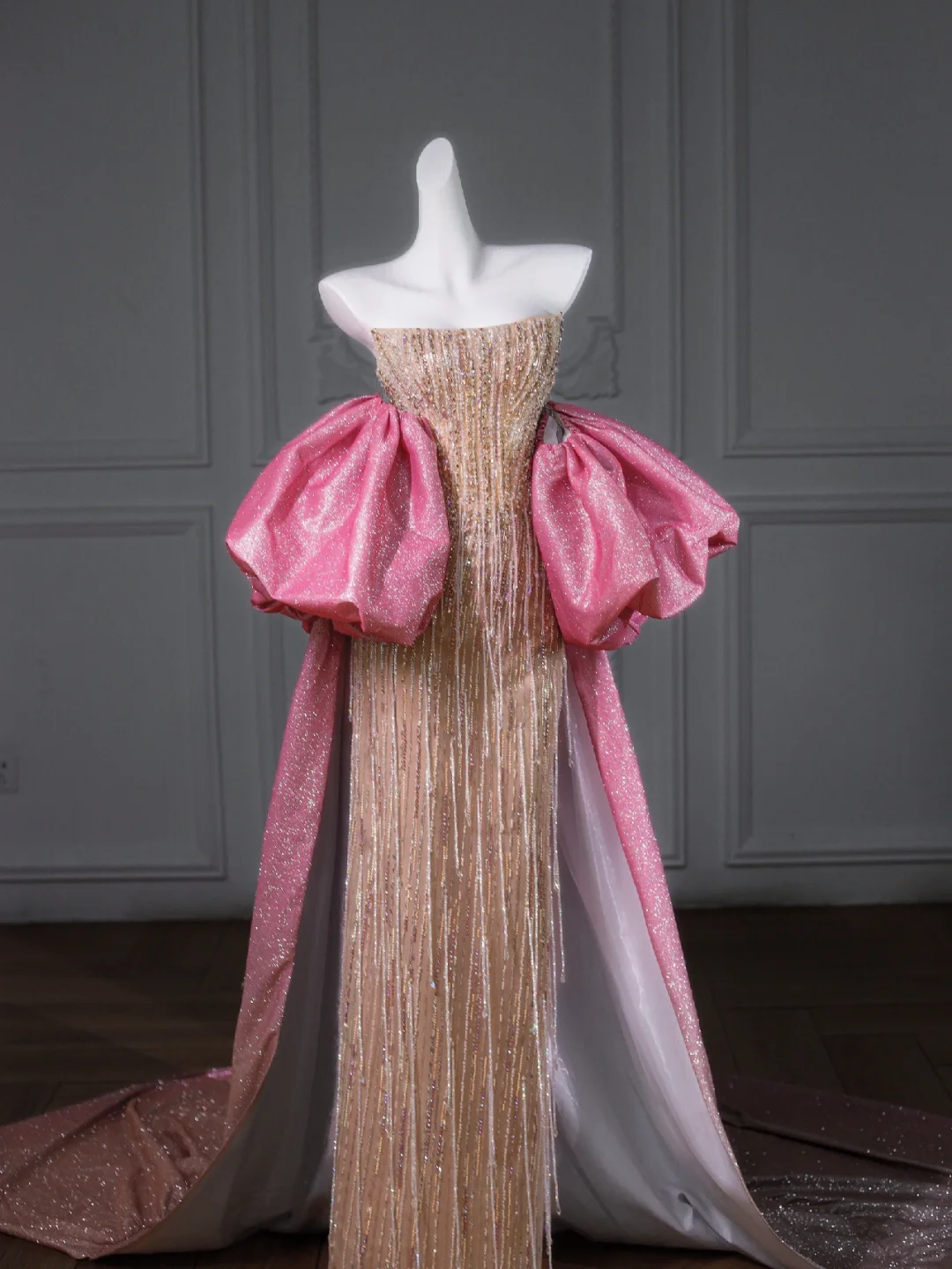 Pretty Mermaid Strapless Sequin Beads Champagne Long Prom Dress Party Dress Graduation Dresses With Cape DP2003