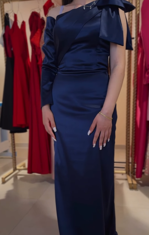 Pretty Mermaid One Shoulder Navy Blue Satin Party Dresses Formal Summer Wedding Guest Dresses Wedding Guest Outfits DP2128