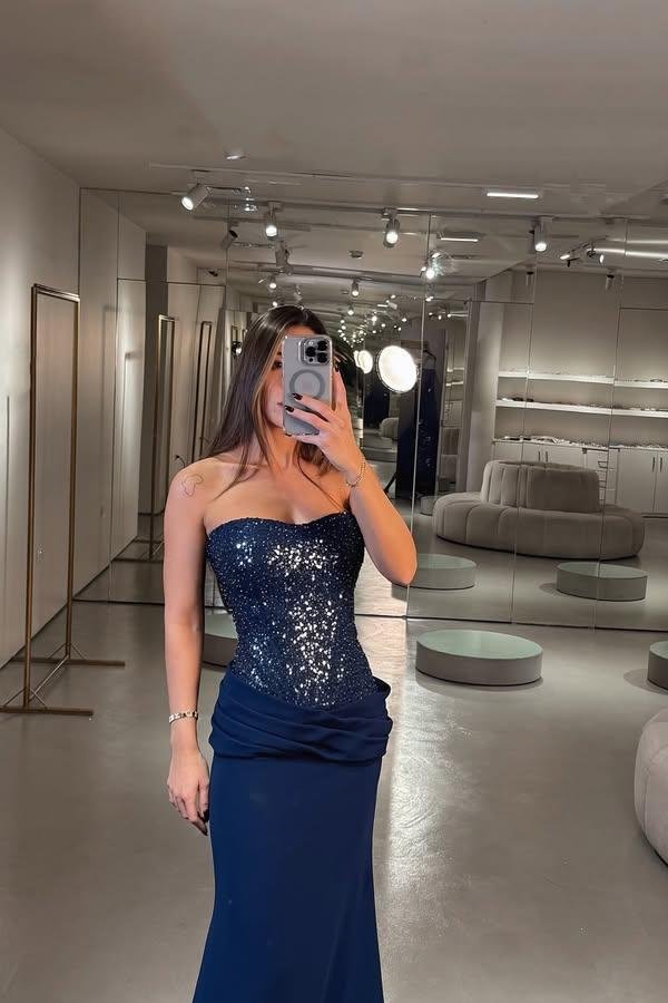 Robe de bal élégante sirène bleu marine à paillettes, tenue d'été formelle pour invités de mariage, DP2239