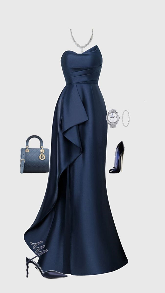 Robe de bal élégante en satin bleu marine, style sirène, décolleté en cœur, tenue d'invitée de mariage d'été, DP2246