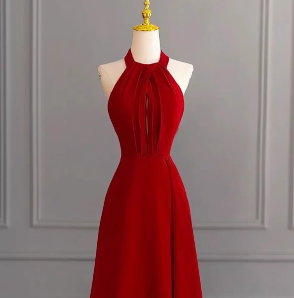 Classy A line Halter Sleeveless Satin Prom Dresses Red Summer Wedding Guest Dresses Wedding Guest Outfits DP2252