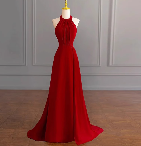 Classy A line Halter Sleeveless Satin Prom Dresses Red Summer Wedding Guest Dresses Wedding Guest Outfits DP2252