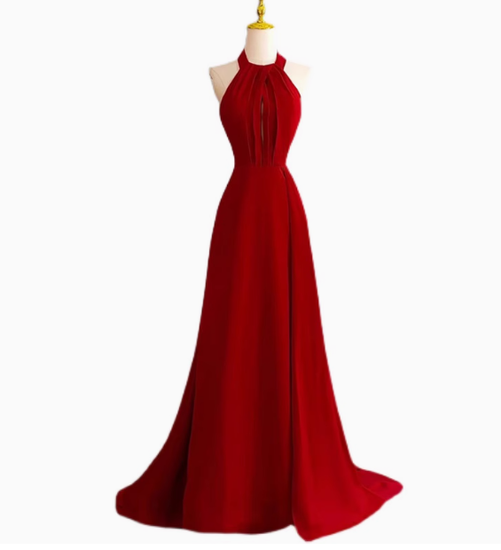Classy A line Halter Sleeveless Satin Prom Dresses Red Summer Wedding Guest Dresses Wedding Guest Outfits DP2252