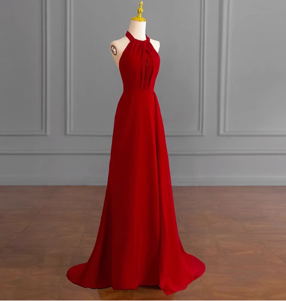 Classy A line Halter Sleeveless Satin Prom Dresses Red Summer Wedding Guest Dresses Wedding Guest Outfits DP2252