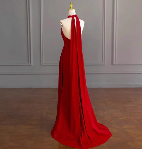 Classy A line Halter Sleeveless Satin Prom Dresses Red Summer Wedding Guest Dresses Wedding Guest Outfits DP2252