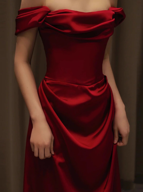 Elegant Mermaid Off The Shoulder Burgundy Satin Prom Dresses Formal Summer Wedding Guest Dresses Wedding Guest Outfits DP2262