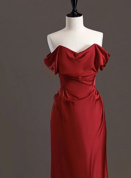 Elegantes Etuikleid aus schulterfreiem rotem Satin, Ballkleider für formelle Sommerhochzeitsgäste, Outfits für Hochzeitsgäste, DP2264
