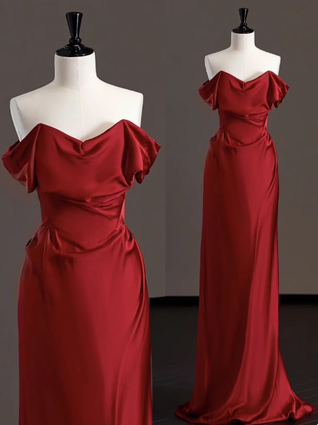 Elegantes Etuikleid aus schulterfreiem rotem Satin, Ballkleider für formelle Sommerhochzeitsgäste, Outfits für Hochzeitsgäste, DP2264