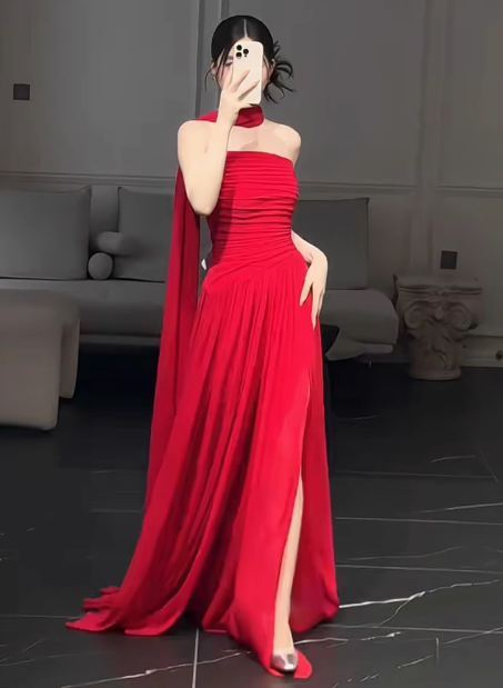 Wunderschönes Etuikleid, trägerlos, rotes Chiffon, Schlitz, Ballkleid, formelles Sommerkleid für Hochzeitsgäste, Outfits für Hochzeitsgäste, DP2269