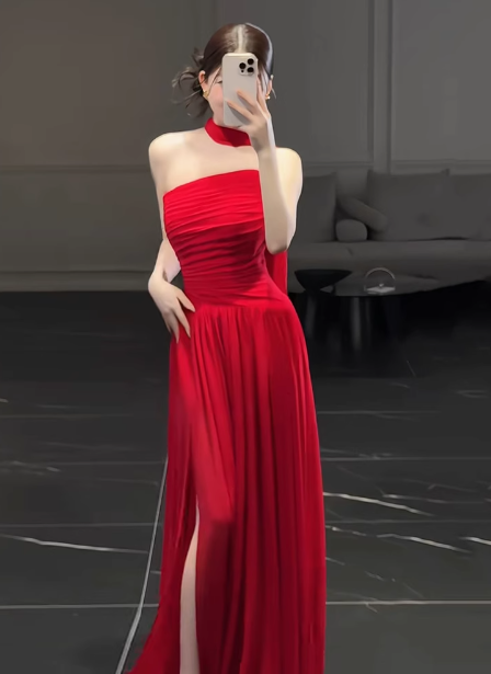 Wunderschönes Etuikleid, trägerlos, rotes Chiffon, Schlitz, Ballkleid, formelles Sommerkleid für Hochzeitsgäste, Outfits für Hochzeitsgäste, DP2269
