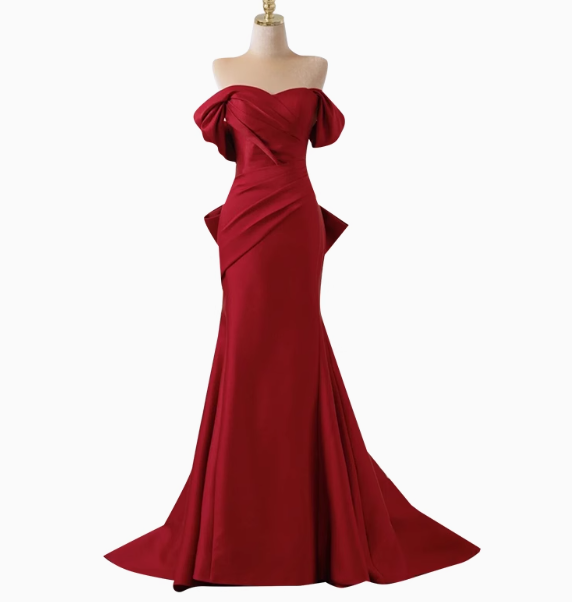 Elegante Meerjungfrau Off The Shoulder Red Satin Ballkleider Formale Sommer Hochzeitsgastkleider Hochzeitsgast-Outfits DP2275