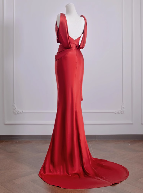 Elegante Meerjungfrau V-Ausschnitt Rot Satin Ballkleider Formale Sommer Hochzeitsgastkleider Hochzeitsgast-Outfits DP2277