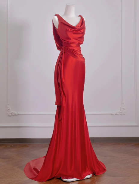 Elegante Meerjungfrau V-Ausschnitt Rot Satin Ballkleider Formale Sommer Hochzeitsgastkleider Hochzeitsgast-Outfits DP2277