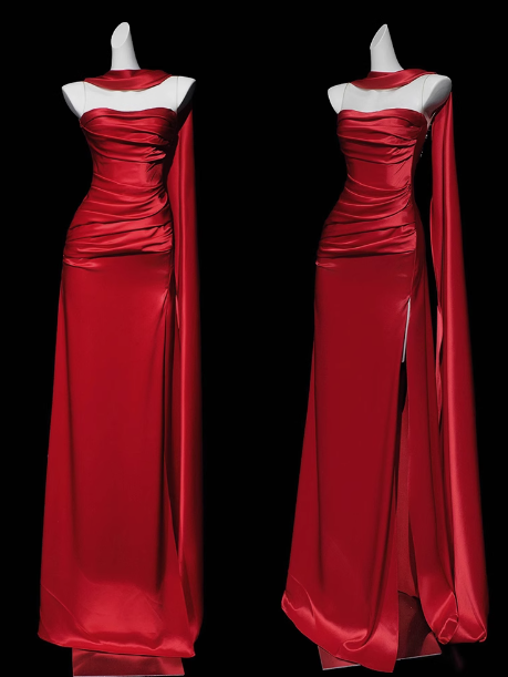 Wunderschönes Etuikleid, trägerlos, rot, Satin, Schlitz, Ballkleid, formelles Sommerkleid für Hochzeitsgäste, Outfits für Hochzeitsgäste, DP2278