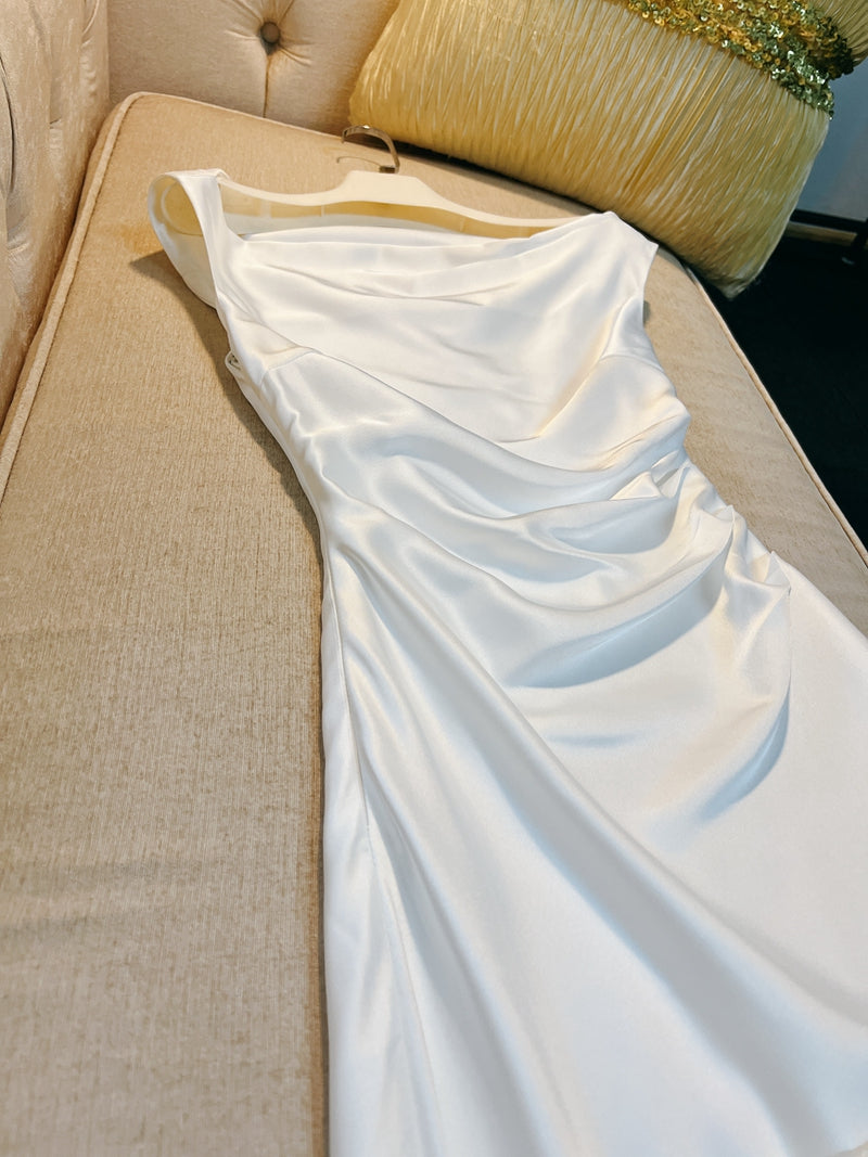 Robe de bal sexy fourreau asymétrique en satin rose, tenue d'invitée de mariage d'été formelle, DP2282