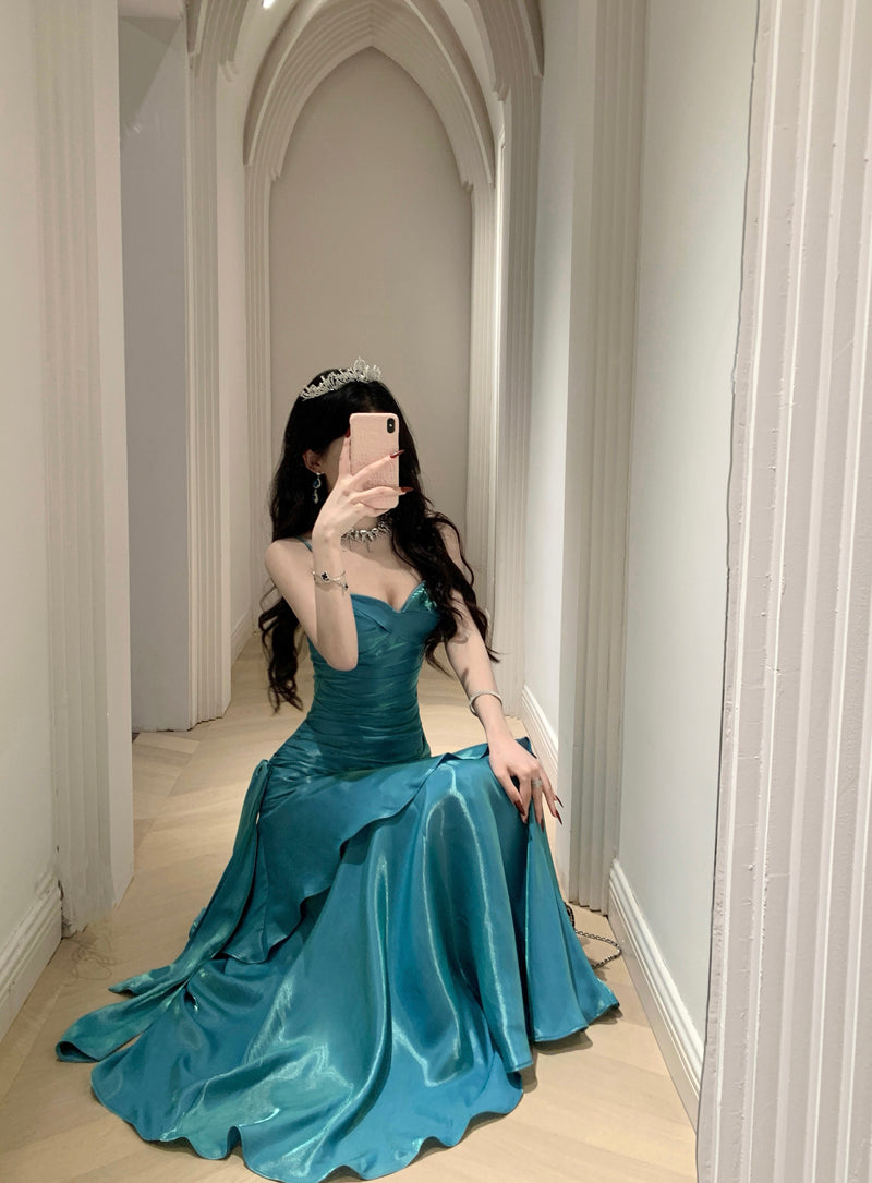 Pretty Mermaid Spaghetti Straps Sleeveless Blue Prom Gown Long Evening Dress Prom Dresses DP229