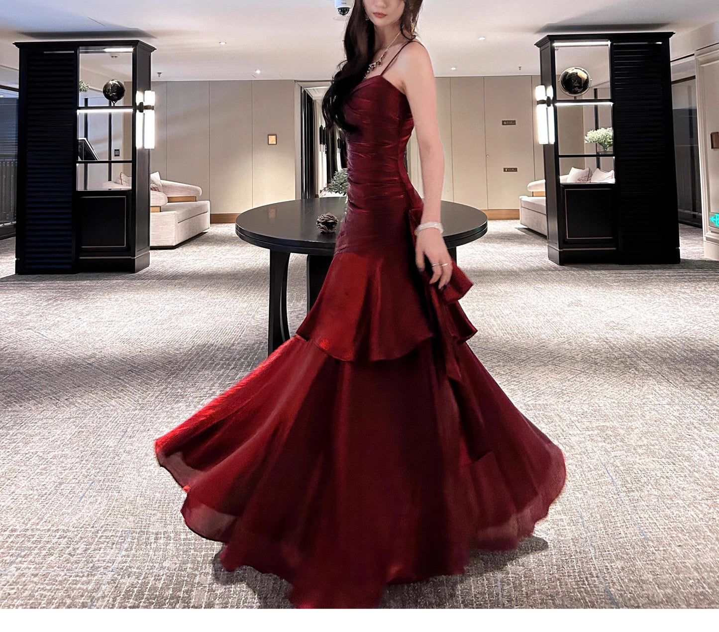 Elegant Mermaid Spaghetti Straps Sleeveless Dark Red Burgundy Long Evening Dress Prom Dresses DP231