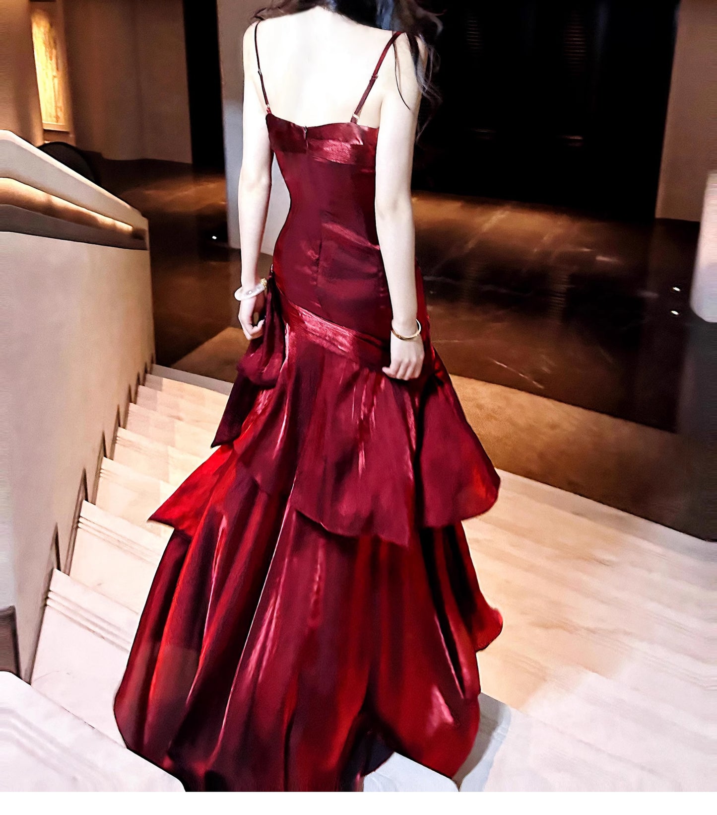 Elegant Mermaid Spaghetti Straps Sleeveless Dark Red Burgundy Long Evening Dress Prom Dresses DP231